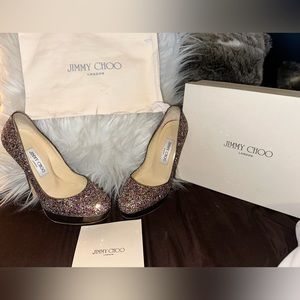 JIMMY CHOO heels 37 GLITTER brown multi color box dust bag